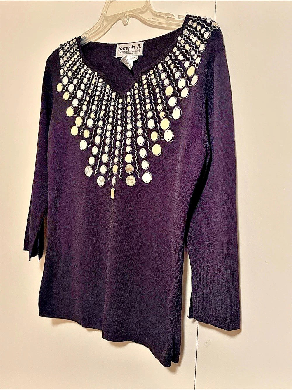 Joseph A. Embellished Long Sleeve Top in Black & Gold Size Medium